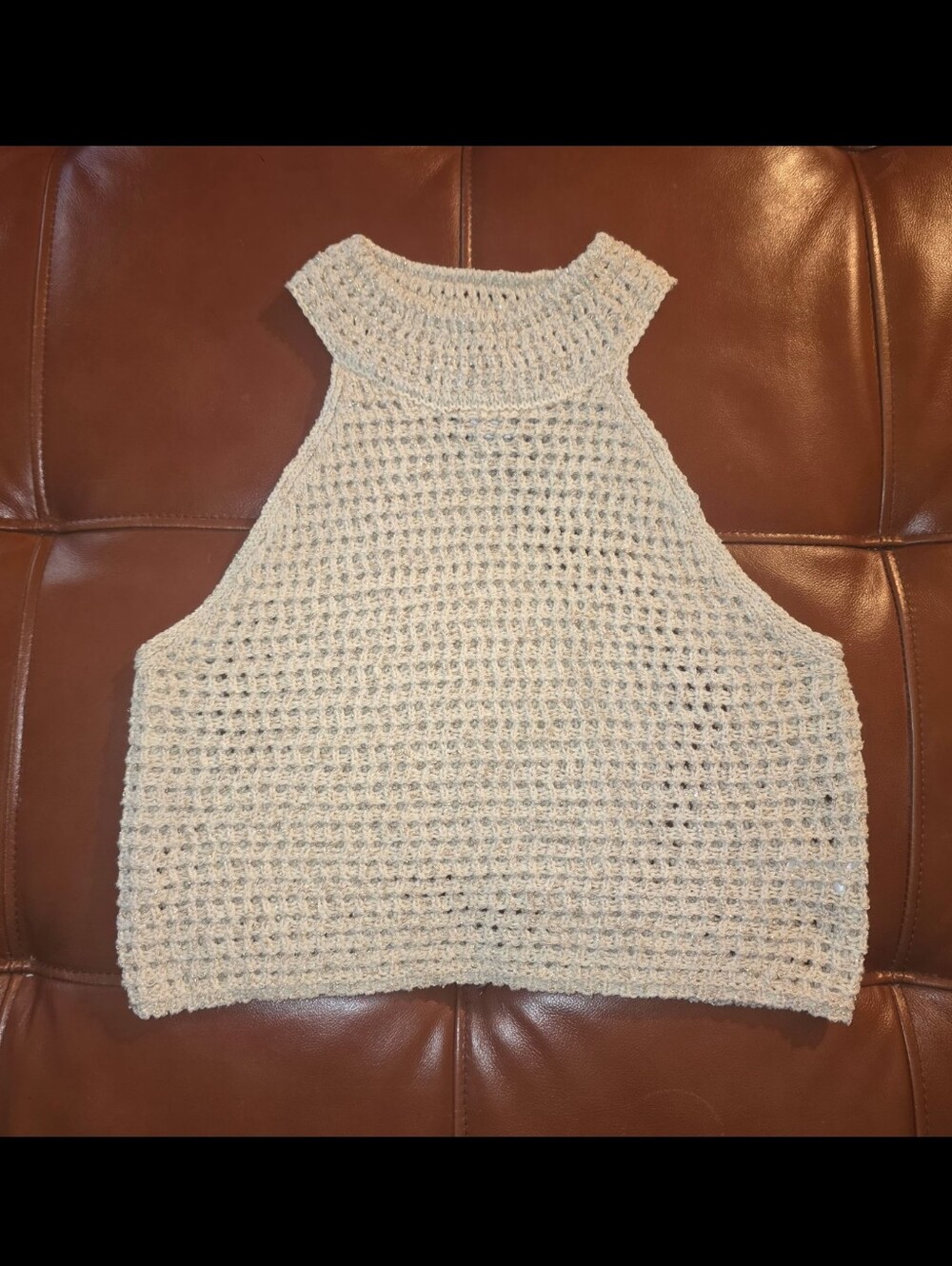 House Of Harlow Crochet High-Neck Tank Top in Light Beige
